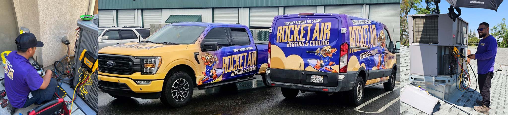 rocket trucks, techs working